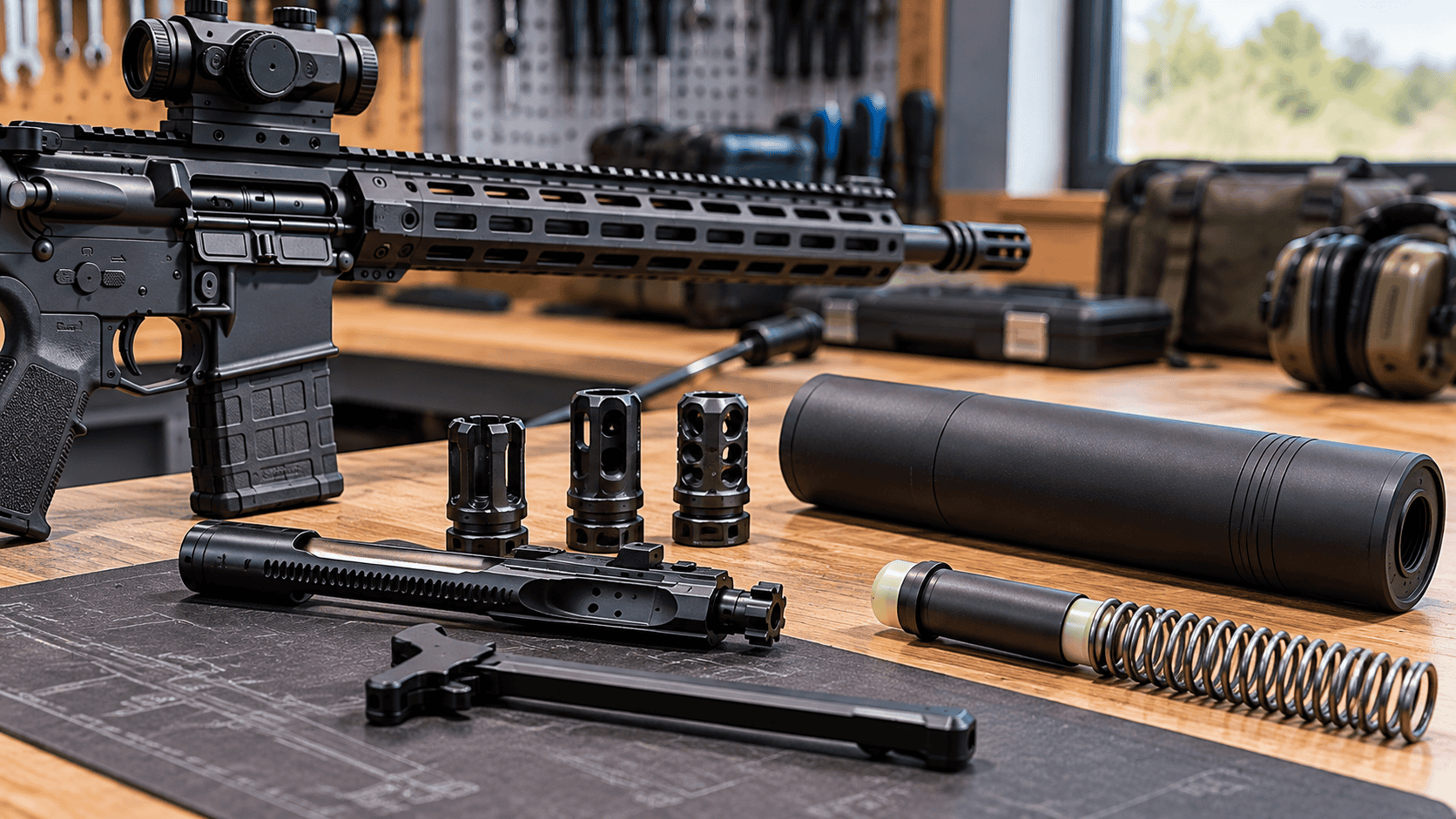 AR-15 suppressor-ready components including suppressor, muzzle devices, bolt carrier group, charging handle, buffer and recoil spring